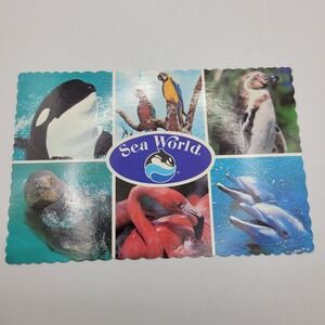 Sea World Postcard Multi Animal Shamu Dolphin Penguin 1983 Scalloped Edge B13797